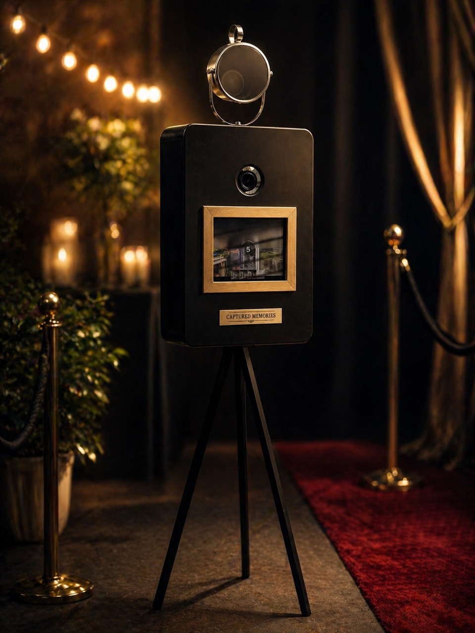 Captured Memories photo booth in a softly lit evening setting