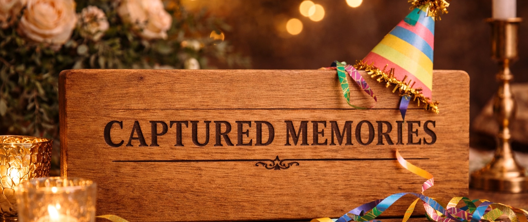 Captured Memories timber sign in warm candlelight