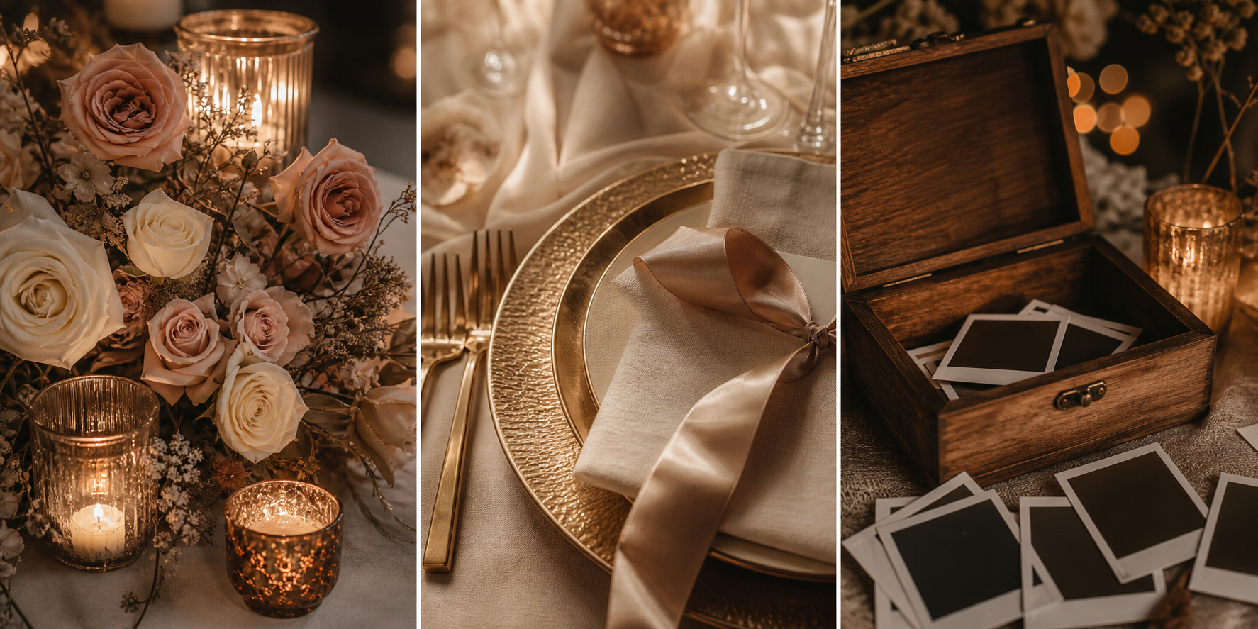 Candlelit wedding flowers, a champagne place setting and instant photographs in a wooden keepsake box